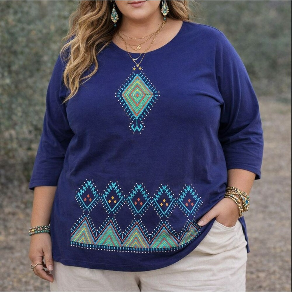 SABAKU Artwear Top Womens Plus 1X Ethnic Aztec Southwestern Navy 3/4 Sleeve BOHO